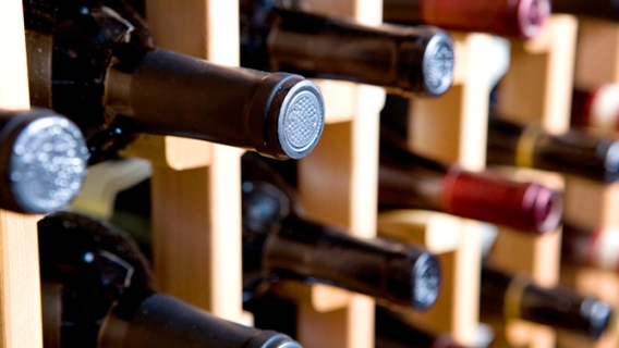 Wine bottles in a wooden rack