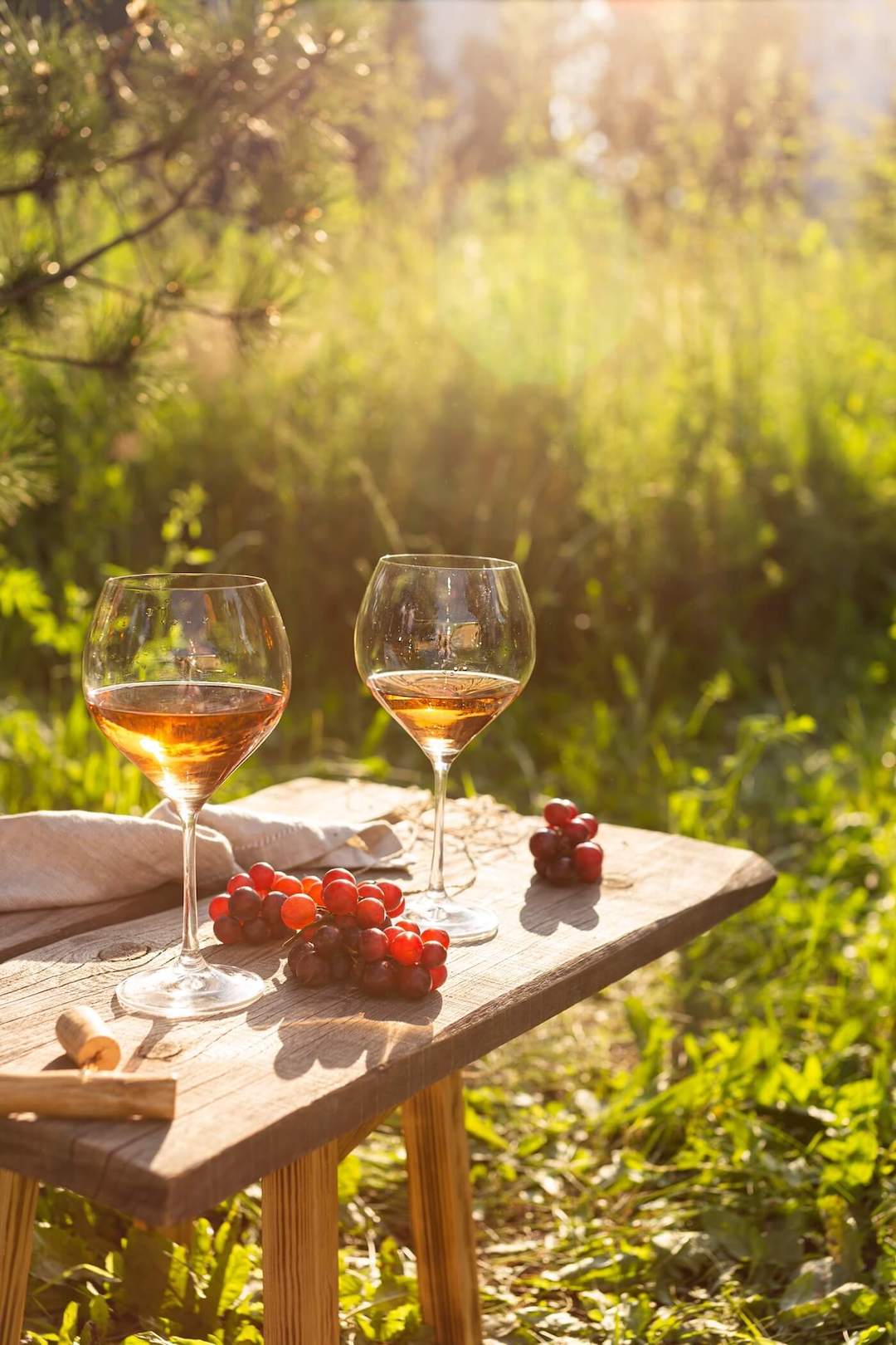 Deux verres de vin rosé et cépages de vigne de raisin sur une table